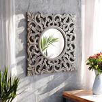 THE URBAN STORE Decorative & Hand Crafted Wooden Round Distressed Grey Finished Vanity Wall Mirror for Living Room, Bathroom, Bedroom (20x20 Inches)