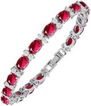 KEZEF Tennis Bracelets For Women - Cubic Zirconia - Oval 7x5mm Red Ruby Gemstones - Round 2.50mm White CZ - Silver Plated Brass - 7 Inch - Hypoallergenic Bracelets