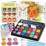 lenbest Face Paints for Children - Halloween Face Paint - Palette Washable with Gem Sheet, Glitters, Stencils, Brushes - Professional Face Painting Kit - Halloween Make Up