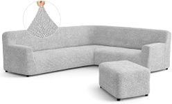 PAULATO BY GA.I.CO. Corner Sofa and Ottoman Cover - Sectional Couch & Pouf Slipcover - Soft Fabric Slip Cover - Washable Furniture Protector for Pet - Microfibra Collection - Light Grey