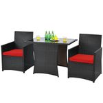 HAPPYGRILL 3 Pieces Outdoor Rattan Bar Set, PE Wicker Dining Table Chairs Set with Cushions, Patio Furniture Set for Backyard Porch Garden and Poolside