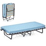RELAX4LIFE Folding Bed with 10cm Memory Foam Mattress, Portable Metal Frame Guest Bed with Wheels, Mobile Single Sleeper Bed for Home Office Camping (Blue, 200 x 90 x 41cm)