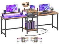 Unikito Double Computer Desk with LED Strip and Power Outlet, 2 Person Desk with Monitor Stand and Storage, Ergonomic Computer Desk with Printer Stand for Home Office, Long Gaming Desk, Rustic Brown