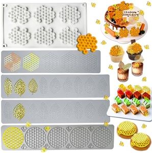5PCS Tuile Molds Silicone Honeycomb Leaf Baking Mold,Acxydm Honeycomb Mold Silicone and Leaves, Fondant Molds with Bee Silicone and Leaf Mold, 3D Chocolate Molds Set for Making Sugar Craft,Cupcakes