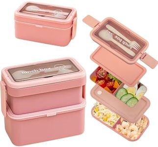 Echehi Porta Pranzo a 2 Strati con Scomparti, Contenitore per il Contenitori Porta Pranzo Impilabile di Grande Capacità da 950 + 550 ml, Bento Box con Forchetta e Cucchiaio e Manico Nascosto. Rosa