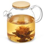 Dorsaer 1500ml Glass Teapot with Bamboo Lid, 50oz Stovetop Safe Borosilicate Glass Tea Kettle with Infuser for Blooming Tea, Fruit Tea, Loose Leaf Tea, Tea Bag, Clear Glass Pots for Cooking on Stove