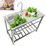 Outdoor Stainless Steel Utility Kitchen Sink,Laundry Sink,Camp Portable Kitchen Sink,Free-Standing Single Bowl Kitchen Sinks,with Faucet,Drain Strainer,Workbench,for Laundry/Backyard/Garage