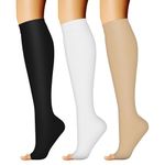 CHARMKING 3 Pairs Open Toe Compression Socks for Women & Men Circulation 15-20 mmHg is Best for All Day Wear Running Nurse (02 Black/White/Beige, L/XL)