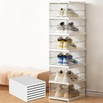 GUDEMAY Clear Drop Front Shoe Storage Box, No Assembly Stackable Shoe Organizer Storage Bins with Door, Free Standing Shoe Shelf Cabinet with Lids, Plastic Shoe Rack for Closet Entryway, 6-Tier Set