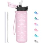 GOPPUS 500ml/17oz Kids Water Bottles with Straw Tritan Childrens Bottle with Flip Top Lid BPA Free Measured Drinks Bottle with Strap Sports Reusable Time Markings Leakproof (Pink)