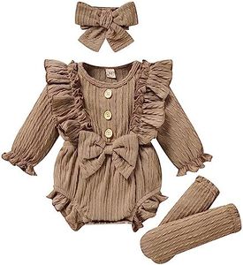 GRNSHTS Newborn Baby Girl Clothes Ruffle Solid Sweater Romper Long Sleeve Button Bodysuit+Hairband+Socks 3Pcs Fall Winter Outfits(Khaki,0-3 Months)