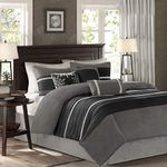 Madison Park - Palmer 7 Piece Comforter Set - Black and Gray - California King - Pieced Microsuede - Includes 1 Comforter, 3 Decorative Pillows, 1 Bed Skirt, 2 Shams