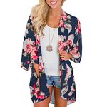 YONHEE Women Floral Kimono Cardigans- Floral Cover Up Chiffon Print Loose Shawl Beachwear Boho Summer Casual Blouse Swimwear Cardigan Swimsuit for Ladies (Navy, Small)