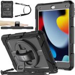 BMOUO iPad 9th/8th/7th Generation Case, iPad 10.2 Case, Shockproof 360 Rotating Stand Shoulder Hand Strap iPad 9th/8th/7th Gen Case with Pencil Holder for iPad 10.2 inch 2021/2020/2019 - Black