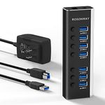 USB Hub 3.0 Powered Rosonway Aluminum 7 Ports USB 3.0 Data Hub Splitter with 24W (12V/2A) Power Adapter and Individual On/Off Switches USB Port Expander for PC and Laptop (RSH-A37S)