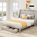 YITAHOME Storage Bed Frame, Queen Size Bed Frame with Type-C & USB Port and 2 Drawers, Upholstered Headboard Storage Shelf Platform Bed, No Box Spring Needed, Easy Assembly, Beige