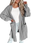 Dokotoo Cardigans for Ladies Open Front Lantern Sleeve Lightweight Side Split Fashion 2024 Fall Twisted Knit Sweater Coats with Pockets,Gray X-Large