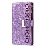 JOMA-E Shop Samsung A22 5G Case Wallet,Glitter Carving Zipper Handbag with 9 Card Slots & Wrist Strap,Stand Flip Protective Cover for Women Magnetic Phone Case for Samsung galaxy a22 5g (Purple)