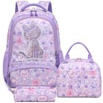 Kimwadalh Cat Print Backpack for Girls Embroidery Backpack School Bag Set Elementary Bookbag Kids Schoolbag with Lunch Bag,Pen Bag