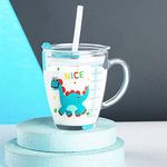 Glass Milk Cup with Measuring Kids Microwave Leak-proof Sippy Cup 300ml Transparent Drinking Glasses Jars Bottles Scale Measure Cup Cartoon Printing Water Cup with Lid Straw Handle for Milk Juice