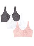 Fruit of the Loom Women's Front Close Builtup Sports Bra, Blushing Rose/Charcoal/White 3-Pack, 40