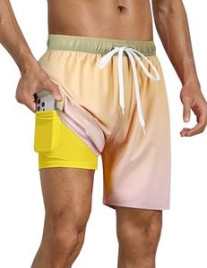 Nonwe Men's Swim Trunks with Compression Liner Quick Dry Water Sport Surf Beach Shorts with Pocket, Gradient Yellow, 38