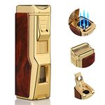 Kantion Torch Lighter, 4 Jet Flame Lighter Refillable Butane Lighter Windproof Lighter Gift for Men Women (Mahogany, Without Gas)