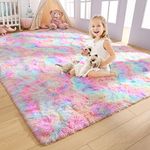 AROGAN Fluffy Rainbow Rug for Bedroom, Kids Room Decor, Pink Rugs for Bedroom Girls, Cute Colorful Carpet for Kids Teens Nursery Toddler, 3 x 5 Feet