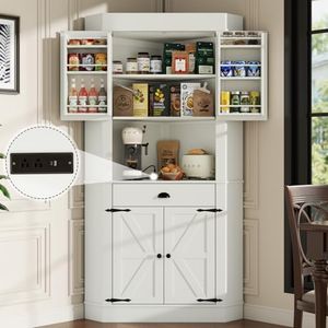 74" Corner Cabinet with Charging Station,Kitchen Pantry Cabinet with Drawer
