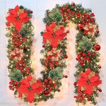 SHAVINGFUN Pre-Lit Artificial Christmas Garland ,Green Rattan with Red Berries Decor, Christmas Garland with Light for Stairs Fireplaces Doors Xmas Tree Garden Yard Christmas Decoration Indoor Outdoor (9FT-Red)