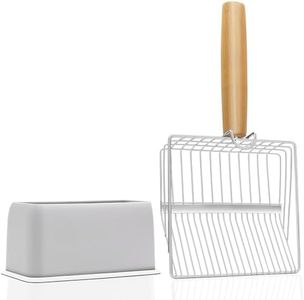 UFECODO Fast Sifting Cat Litter Scoop with Holder Stand, 2 Widths of Slots Stainless Steel Poop Scooper with Ergonomic Wood Handle, Heavy Duty and Easy Clean