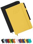 Tasalas A5 Notebooks 2 Pack with Pen - 200 Lined Pages Journal Notepads, 80 GSM, Black and Yellow Notebooks A5, Soft Cover, Elastic Loop, Pen Holder, Expandable Pocket - Note Books for Note-Taking