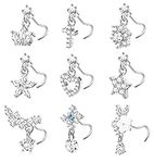 Drperfect 9 PCS Dangle Nose Rings for Women 20G L Shaped Nose Rings Stainless Steel Nose Rings Studs CZ Cross Crown Flower Heart Dangling Nose Rings Piercing Jewelry