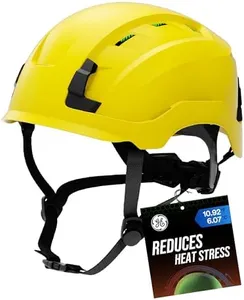GE Safety Helmet, Impact Absorbing Tech, Adjustable Ratchet, ANSI Type 1, Memory Foam Padding, Hard Hats Protection, Lightweight, Durable, Chin Strap - Yellow, Class C, Vented, OSHA Approved