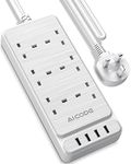 Extension Lead with USB Slots,AICODE 6 Way Extension Lead with 4 USB Port,Multi Plug Extension Socket Charging Station,2M Extension Cable,Switched Wall Mount White Power Strip 6 Plug for Home Office