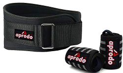 Aprodo Fitness Combo Weight Lifting Belt Back Support 4.5 Inch Wide with Extra Premium Wrist Support 1 Pair for Men and Women (Black Grey Combo, Small 28'' - 32'')