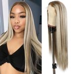 SOMIARIK 13×6 Synthetic Lace Front Wigs, Ombre Blonde with Dark Roots Lace Front Highlight Wig Middle Part Glueless Straight Hair Pre-plucked with Natural Hairline Wig for Daily Use 26 Inch