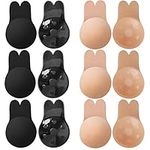 ONESING 6 Pairs Adhesive Invisible Bra Strapless Backless Breast Lift Nipplecovers Sticky Rabbit Bra Reusable Breast Pasties for C/D Cup Nude and Black