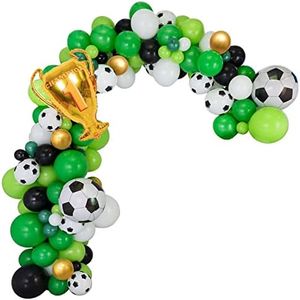 Soccer Party Balloons Garland, 12inch Green Black White Balloons with 18inch Football Goal Golden Champion Mylar Foils, Boys Sports Theme Birthday Decoration Supplies
