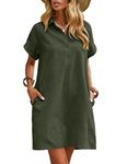 Zeagoo Women's Summer Linen Dress Casual Midi Dress Short Sleeve Beach Dress Tunic Dress for Ladies Green