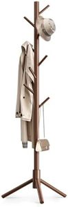 OUTGAVA Wooden Coat Rack Freestanding with 8 Hooks,Easy Assembly New Zealand Pine Tree Coat Racks, 3 Adjustable Sizes for Clothes, Hats, Bags, for Entryway, Hallway, Bedroom, Office(Brown)