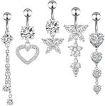 HEQU 5Pcs 14G Belly Button Rings Stainless Steel Belly Button Piercing Dangling Belly Piercing Jewelry Belly Rings Navel Piercing Jewelry for Girls Women Heart Round Butterfly
