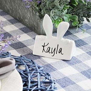 AuldHome Bunny Place Card Holders (6-Pack), Easter Spring Ceramic Reusable Write-On Wipe-Off Place Card Stands for Table