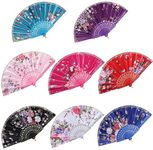 BABEYOND 8pcs Floral Folding Hand Fan Vintage Handheld Lace Folding Fan with Different Flower Patterns Fabric Folding Fan for Wedding Dancing Party (Color Random Selected with Chinese rose)