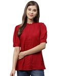 Yash Gallery Women's Rayon Dobby Solid Straight Regular Fit High Neck Half Sleeves Diwali Top (Maroon, X-Large)