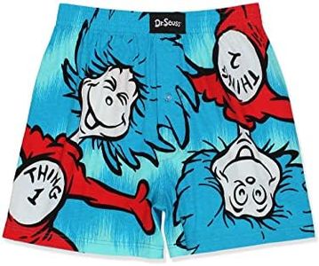 Dr. Seuss The Cat in The Hat Men's Button Fly Boxer Lounge Shorts (X-Large, Blue)