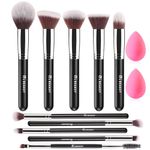 BEAKEY 12Pcs Makeup Brush Set Premium Synthetic Foundation Face Powder Blush Eyeshadow Kabuki Brush Kit, Professional Makeup Brushes with 2pcs Makeup Sponge (Black/Silver)