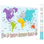 Colorful World Map with Flags & Capitals - X Large 96 x 66 cm - Wall Art Poster for Home & Classroom - Educational for Kids & Adults + 50 Interesting Facts