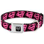 Buckle-Down Dog Collar Seatbelt Buckle Diagonal Superman Logo Hearts Black Pink 15 to 26 Inches 1.0 Inch Wide, Multi Color (DC-WSM026-L)