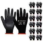 Velway 12 Pairs Safety Work Gloves - Firm Grip Gardening Gloves Non-Slip PU Coated Builders Gloves Lightweight Breathable Protective EN388 Mechanic Working Gloves for Men Women Black (Size 7/S)